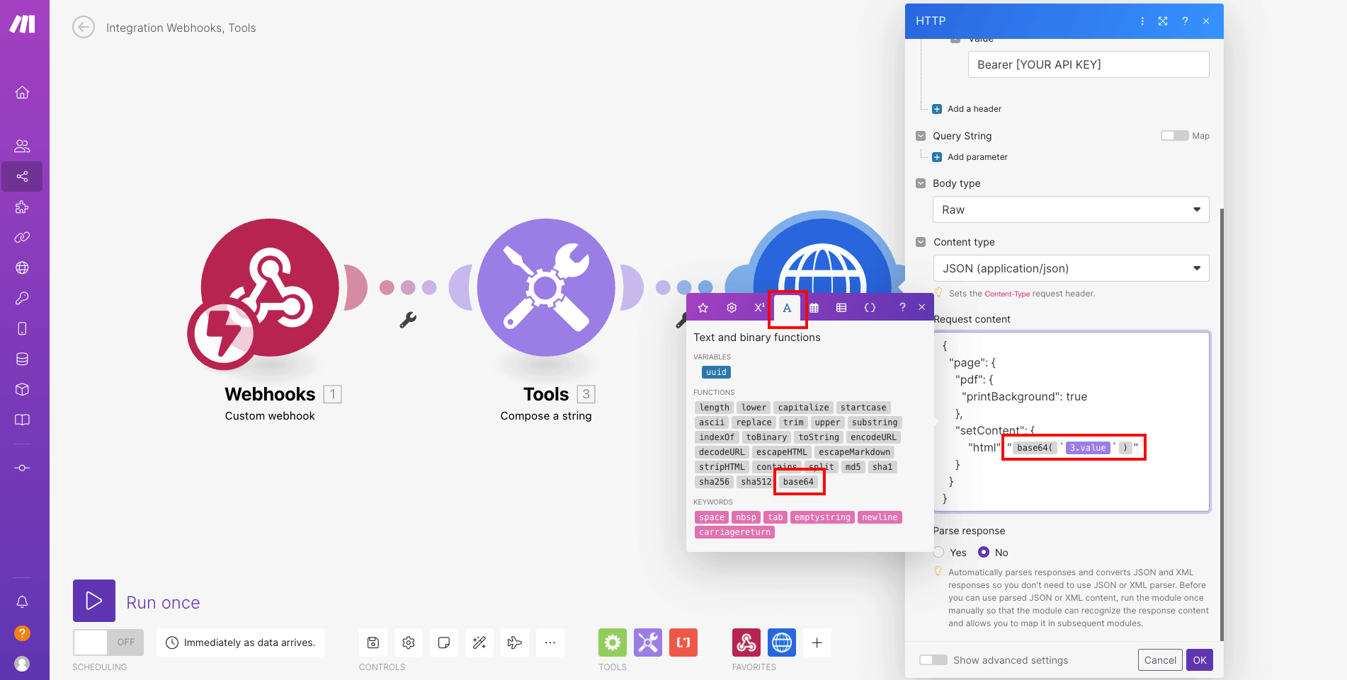 Fill request content with the text to base64 function